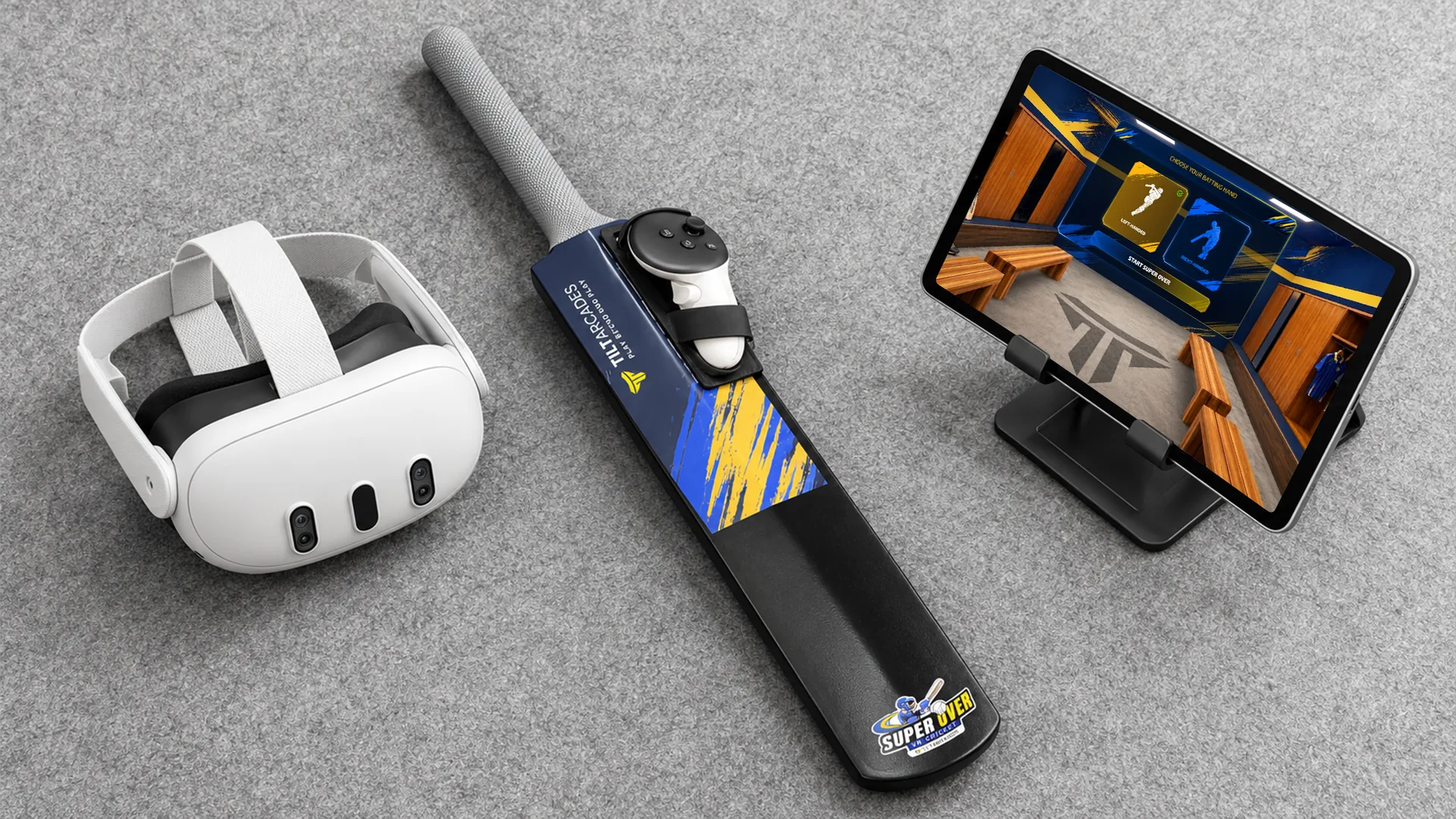 SuperOver kit: Meta Quest 3, cricket bat and operator tablet