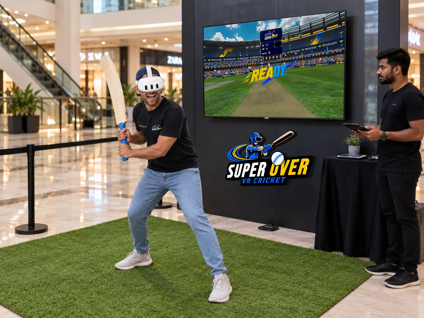 SuperOver setup at a mall with a player batting and an operator on the tablet