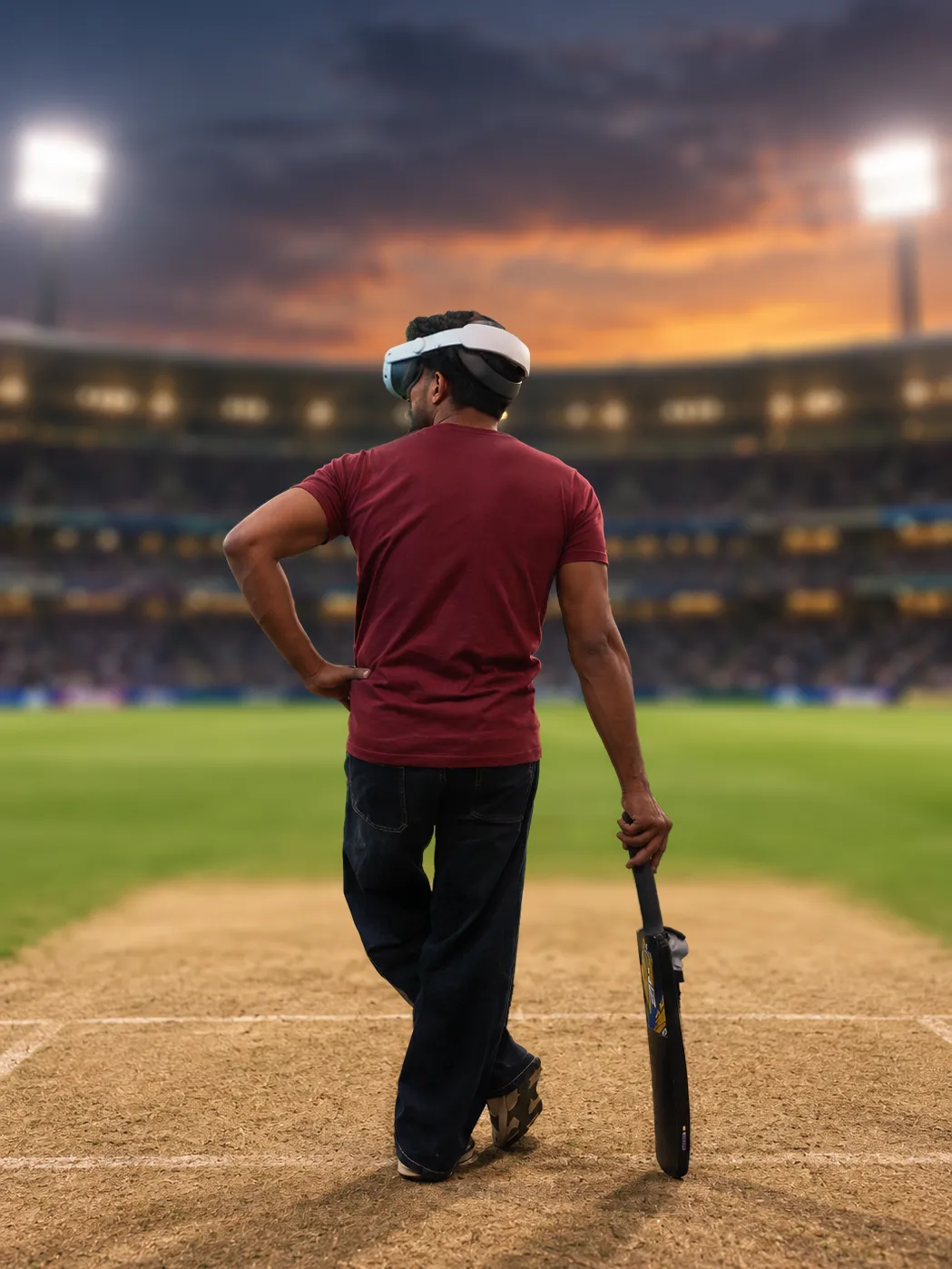 Player in a Meta Quest 3 leaning on the SuperOver bat at the crease of a floodlit stadium