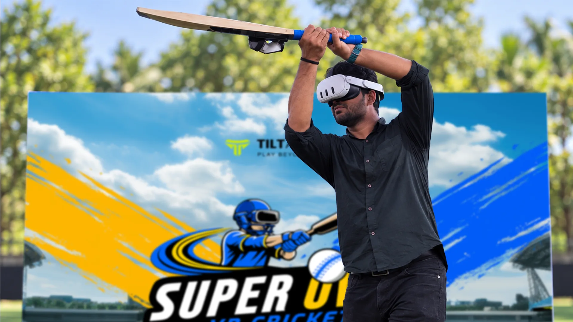 Player in a Meta Quest 3 lifting the SuperOver bat in front of the SuperOver VR Cricket backdrop