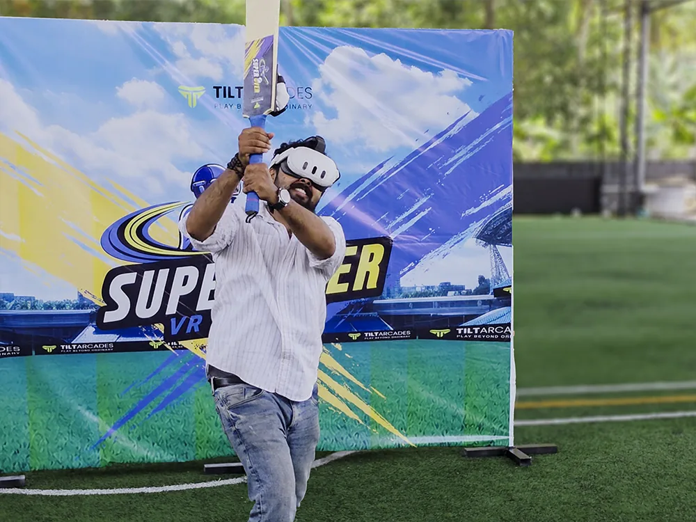 Player following through on a shot in SuperOver VR Cricket