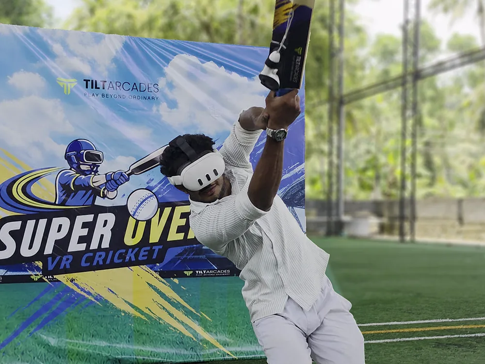Player mid-swing with the controller mounted on the bat blade